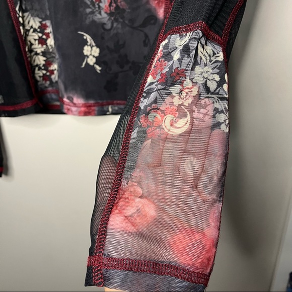 Black Mesh Long Sleeve Top with Floral Pattern Front - Picture 3 of 4